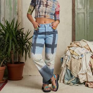 Collina Strada Blue Hand-Painted Floral Dye Plaid Jeans Size Small